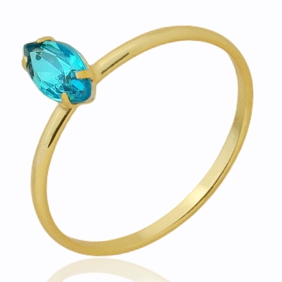 Anel folheado a ouro com pedra navete na cor áqua