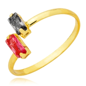 Anel ajustável folheado a ouro com pedras carrê em cores sortidas