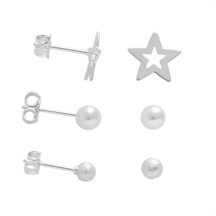 Foto 1 do Produto Kit com 3 pares de brincos folheados a prata com estrela, pérola e bolinha