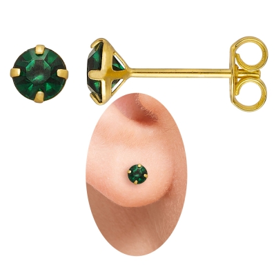 Brinco solitário folheado a ouro com strass de 5mm na cor verde