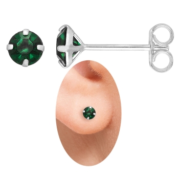 Brinco solitário folheado a prata com strass de 5mm na cor verde