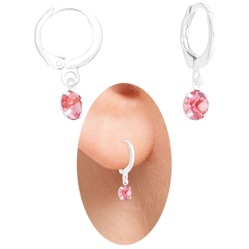 Brinco estilo tranqueta folheado a prata com strass de 5 mm na cor rosa