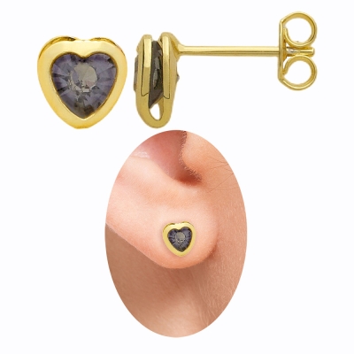 Brinco folheado a ouro em forma de coração com pedra acoplada de strass lilás