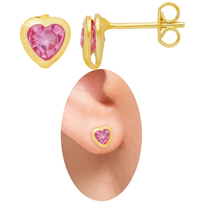 Brinco folheado a ouro em forma de coração com pedra acoplada de strass rosa bebê