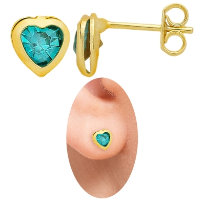 Brinco folheado a ouro em forma de coração com pedra acoplada de strass azul áqua