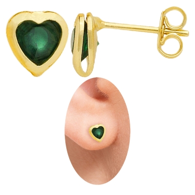 Brinco folheado a ouro em forma de coração com pedra acoplada de strass verde