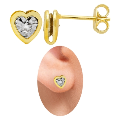 Brinco folheado a ouro em forma de coração com pedra acoplada de strass cristal