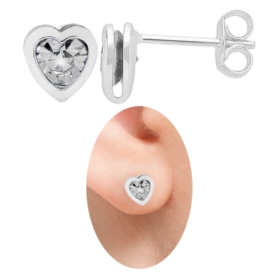 Brinco folheado a prata em forma de coração com pedra acoplada de strass cristal