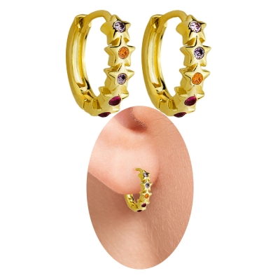 Brinco de argola ciganinha folheado a ouro com zircônias coloridas (cores sortidas)