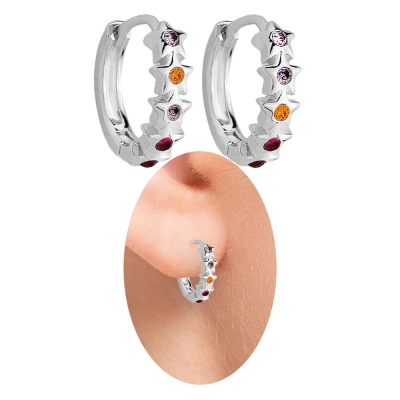 Brinco de argola ciganinha folheado a prata com zircônias coloridas (cores sortidas)