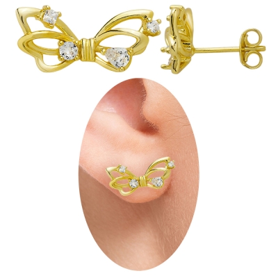 Brinco folheado a ouro em forma de borboleta com pedras de zircônia