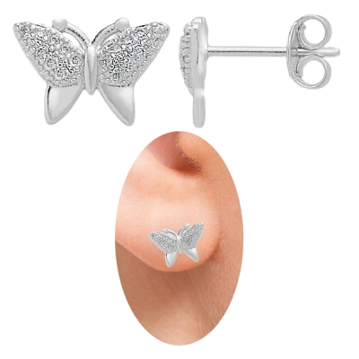 Brinco folheado a prata em forma de borboleta com micro zircônias cravejadas