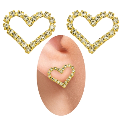 Brinco folheado a ouro em forma de coração feito com pedras de strass