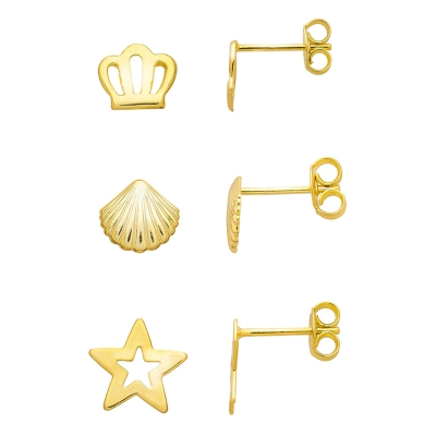 Kit com 3 pares de brincos folheados a ouro - coroa, concha e estrela