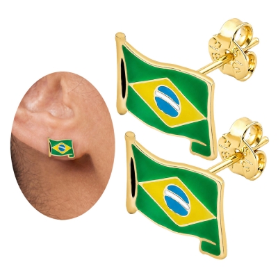 Brinco Bandeira do Brasil Ondulada folheado a ouro com resina