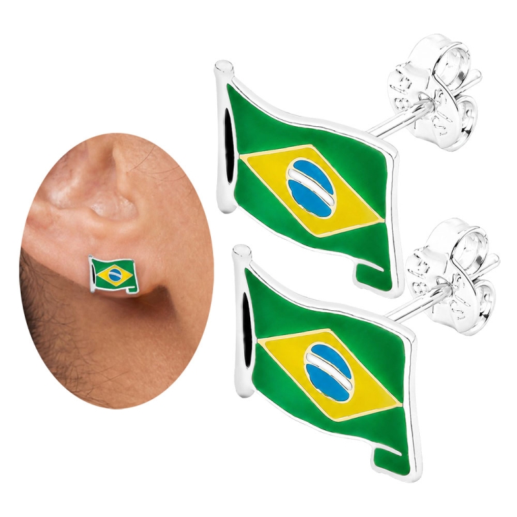 Foto 1 do Produto Brinco Bandeira do Brasil Ondulada folheado a prata com resina