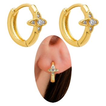Brinco de argola articulado folheado a ouro com adorno em forma de flor com micro-zircônias