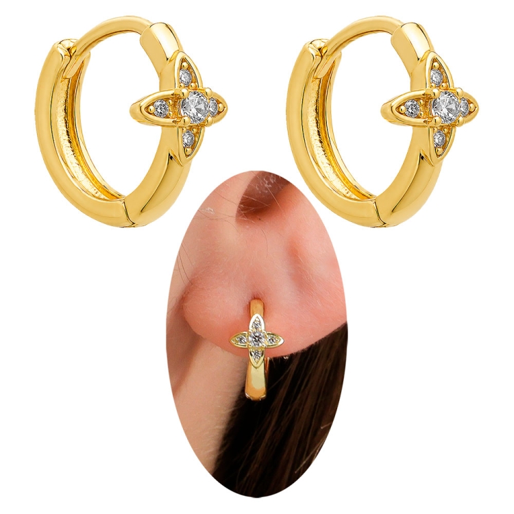 Foto 1 do Produto Brinco de argola articulado folheado a ouro com adorno em forma de flor com micro-zircônias