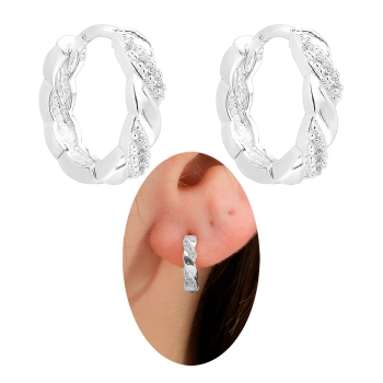 Brinco de argola articulado folheado a prata com adornos transversais com micro-zircônias