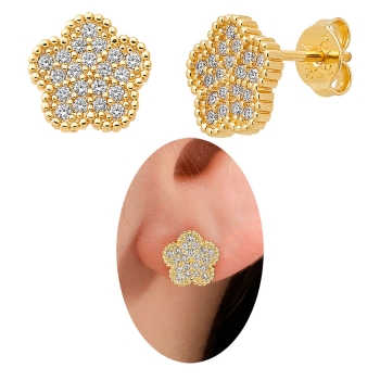 Brinco folheado a ouro em forma de flor com micro-zircônias cravejadas
