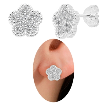 Brinco folheado a prata em forma de flor com micro-zircônias cravejadas