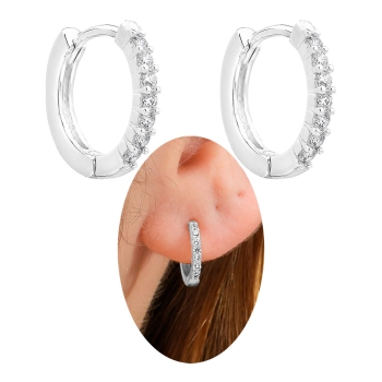 Brinco de argola articulado folheado a prata contendo fileira com micro-zircônias cravejadas