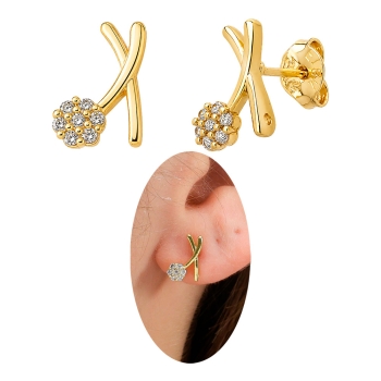 Brinco folheado a ouro em forma de X com adorno em forma de flor com micro-zircônias