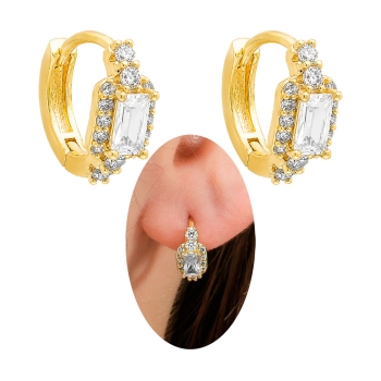 Brinco de argola articulado folheado a ouro com micro-zircônias e pedra carrê em zircônia
