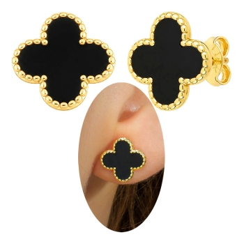 Brinco Virginia com trevo preto folheado a ouro