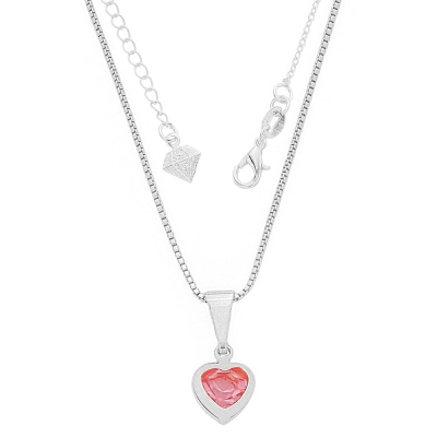 Gargantilha folheada a prata com corrente veneziana e pingente de coração com pedra rosa bebê
