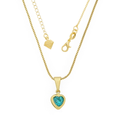 Gargantilha folheada a ouro com corrente veneziana e pingente de coração com pedra azul áqua