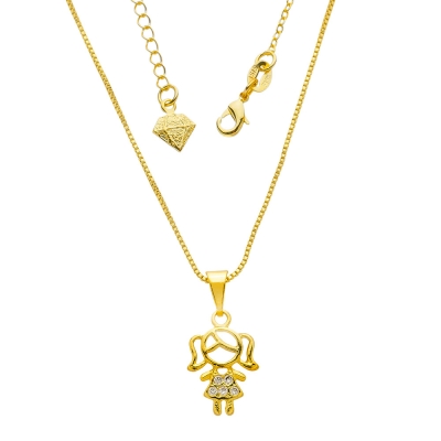 Gargantilha veneziana folheada a ouro e pingente menina com zircônias