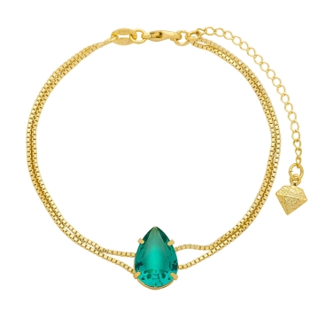 Pulseira folheada a ouro com corrente dupla e pedra de vidro lapidado na cor verde esmeralda