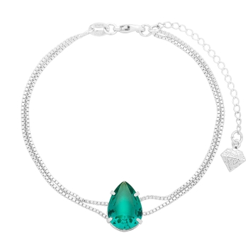 Pulseira folheada a prata com corrente dupla e pedra de vidro lapidado na cor verde esmeralda