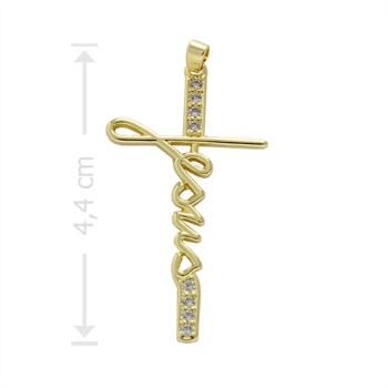 Crucifixo folheado a ouro com a palavra "Jesus" e pedras de zircônia
