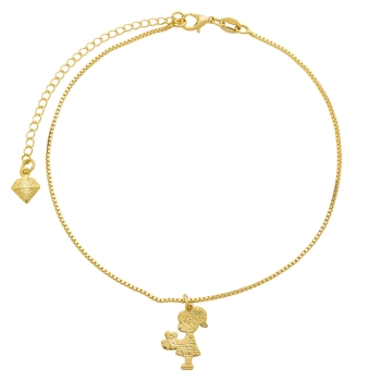 Tornozeleira folheada a ouro e pingente menina com ursinho