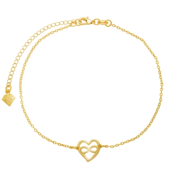 Tornozeleira folheada a ouro com adereço em forma de coração com símbolo do infinito