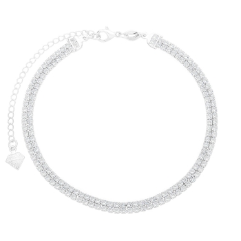 Tornozeleira folheada a prata composta por 2 fileiras de pedras de zircônia