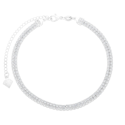 Tornozeleira folheada a prata composta por 2 fileiras de pedras de zircônia